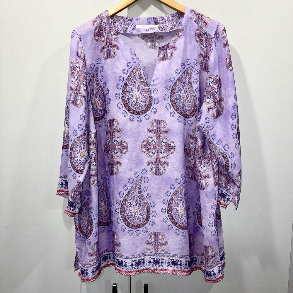 Violet + Claire Tunic Blouse Women 2X Purple Medallion Paisley Boho 3/4 Sleeve